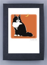 An illustration featured on the "PAPER RUSSELLS - TUXEDO CAT NOTE CARDS" by PAPER RUSSELLS depicts a black and white cat sitting on a reddish-brown background with a small yellow crescent moon in the top right corner. The text "Tuxedo Cat" is elegantly placed at the bottom right of the image, which is created in the USA using FSC certified recycled paper and framed within a dark border.