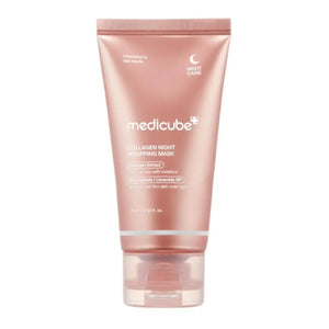Image of MEDICUBE - COLLAGEN OVERNIGHT WRAPPING PEEL OFF FACIAL MASK by ASIAN BEAUTY WHOLESALE, highlighting Hyaluronic Acid and Niacinamide. The pink packaging emphasizes skincare benefits, acting as an overnight elasticity booster with collagen wrapping film for firmer skin.