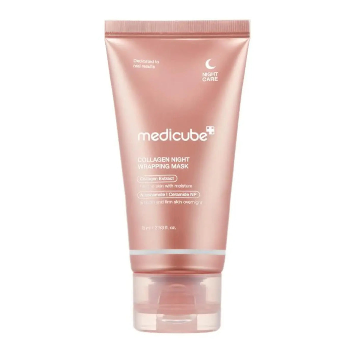 A pink tube of GLOWISS MEDICUBE - COLLAGEN OVERNIGHT WRAPPING PEEL OFF FACIAL MASK, a Korean skincare product with collagen extract and ceramide NP for overnight hydration and firm skin.