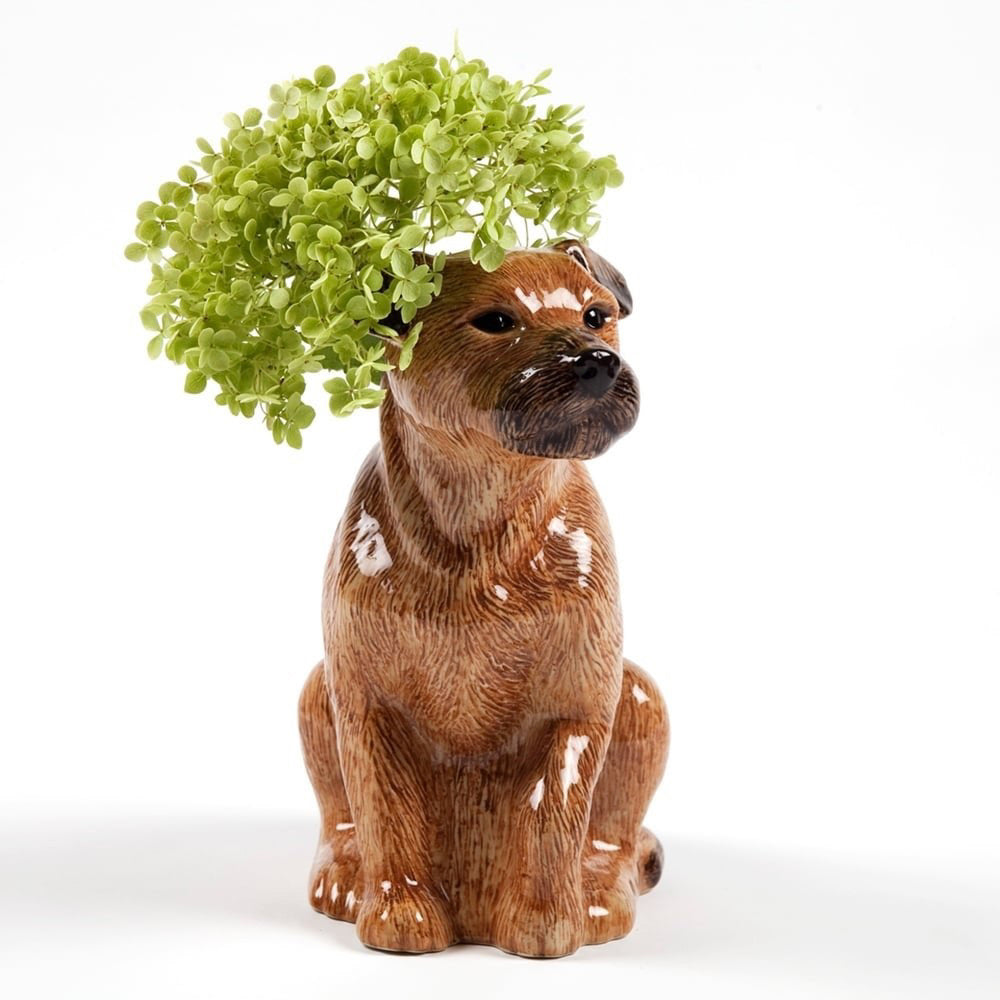 The QUAIL CERAMICS - BORDER TERRIER FLOWER VASE by QUAIL DESIGNS is a hand-painted stoneware planter shaped like a brown dog with green plants as its hair, set against a plain white background.