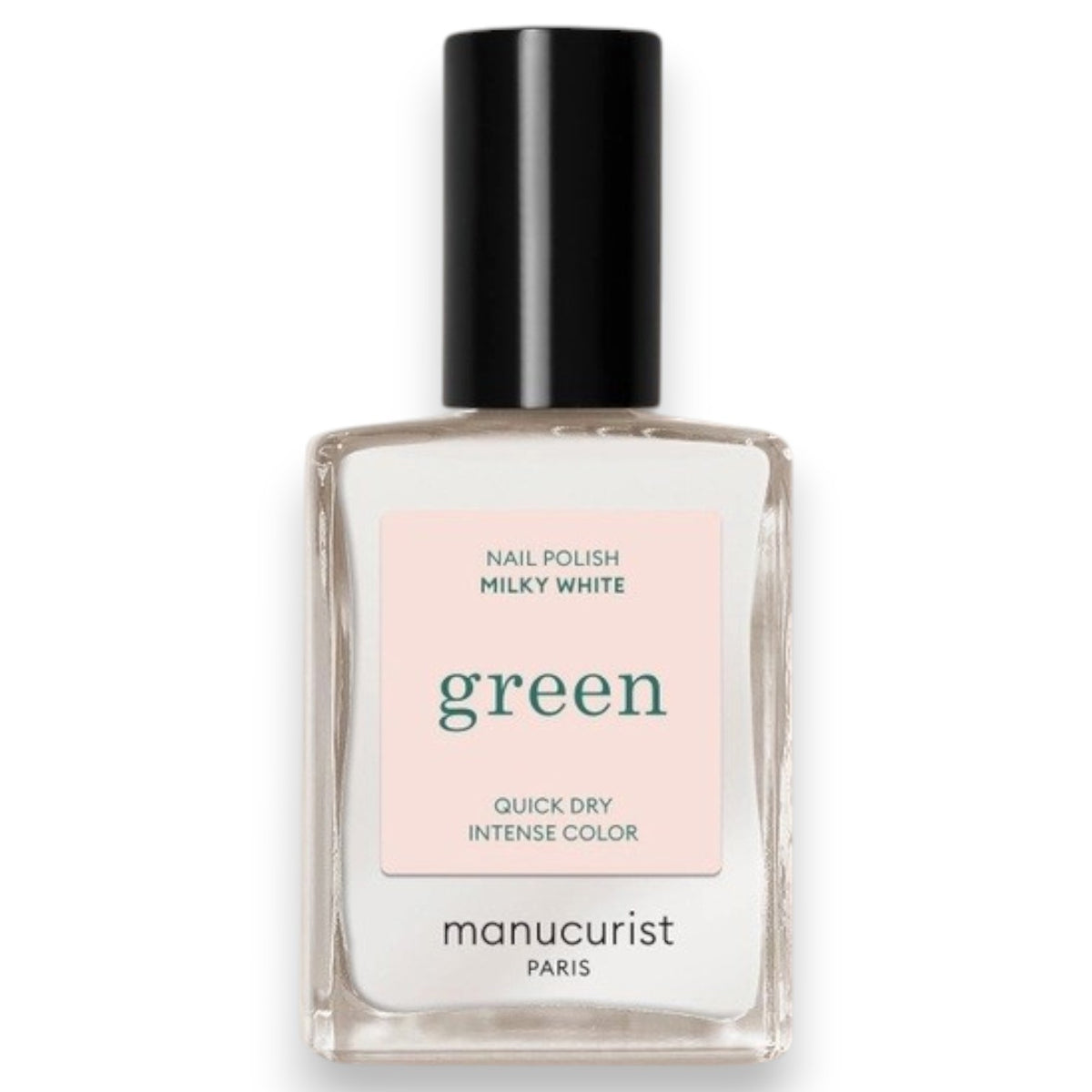 A hand adorned with MANUCURIST - GREEN™ NAIL POLISH IN MILKY WHITE by MANUCURIST INC rests on a soft yellow leather purse, set against a backdrop of cream-colored textured fabric.