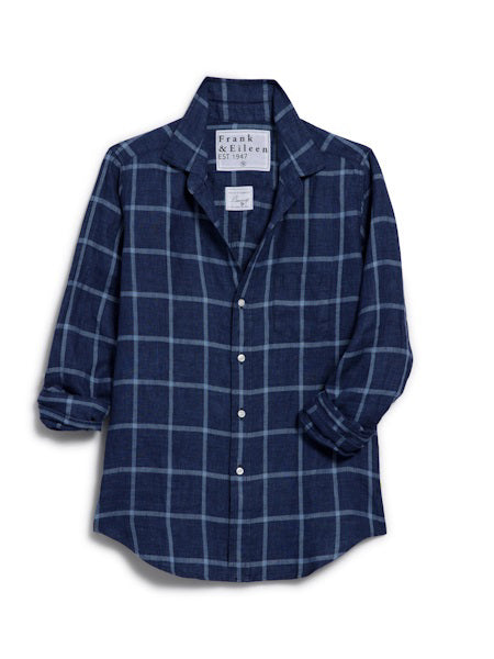 The FRANK &amp; EILEEN Barry Tailored Button Up Shirt features Italian linen in navy and white plaid, long sleeves partially rolled up, a collar, a tailored fit, and the signature &quot;Frank &amp; Eileen&quot; label inside the neckline.