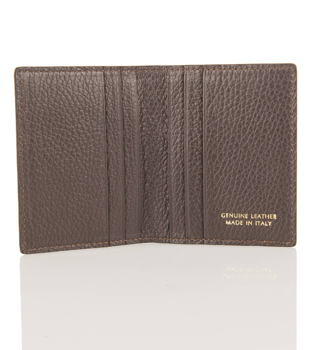 The open gray LEATHER CARD HOLDER by LE BORSETTE features multiple slots. &quot;Genuine Leather Made in Italy&quot; is engraved in the bottom right corner, with its shiny surface reflecting sophistication and fine Italian craftsmanship.