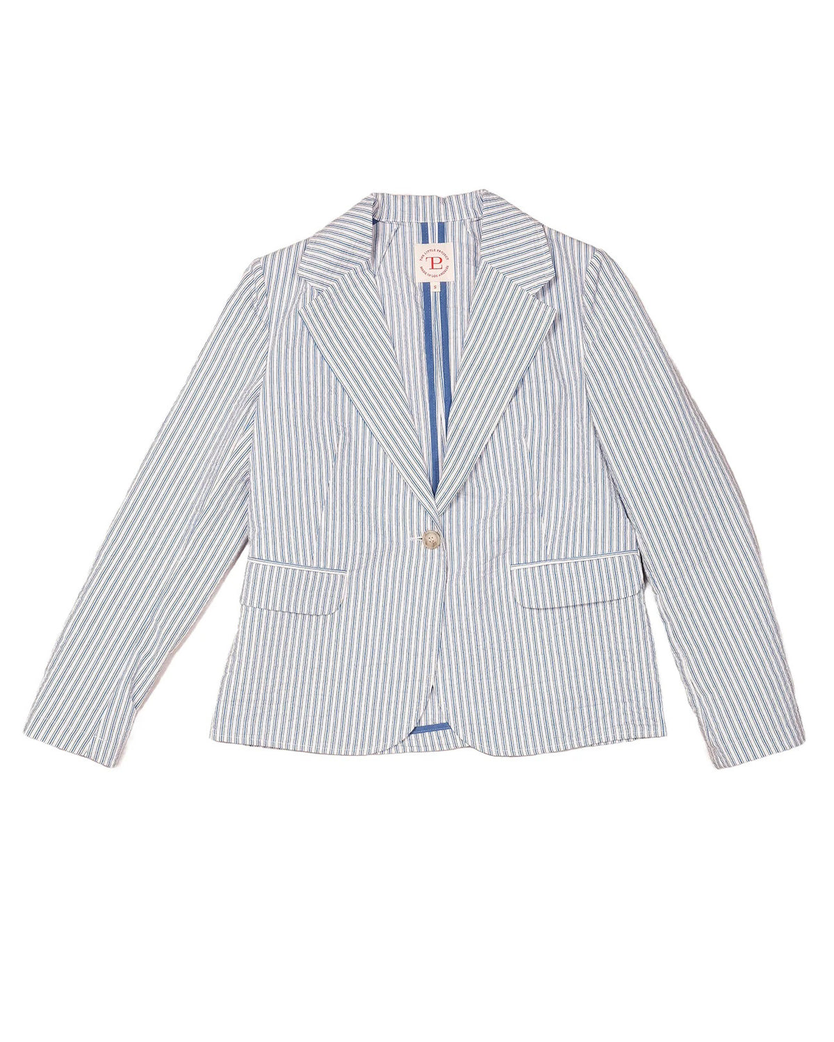 The GEORGIA BLAZER by THE LITTLE PROJECT features tailored long sleeves and vertical blue and white stripes, shown flat and facing away.