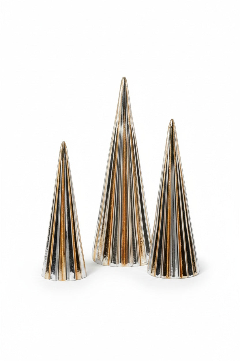 Three ZODAX GOLD AND SILVER HOLIDAY TREE - MEDIUM glass cone-shaped ornaments with alternating vertical stripes of metallic gold and silver.