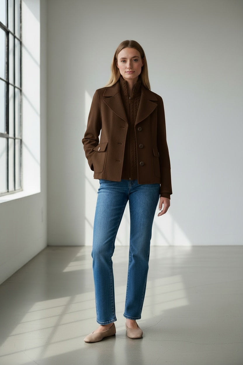 A close-up shows a person wearing the KINROSS Knit Insert Notch Collar Coat in Chocolate, featuring a wide lapel and crafted from luxurious wool cashmere, layered over a dark brown high-neck zip-up sweater. Only the neck, shoulder, and part of the face are visible.