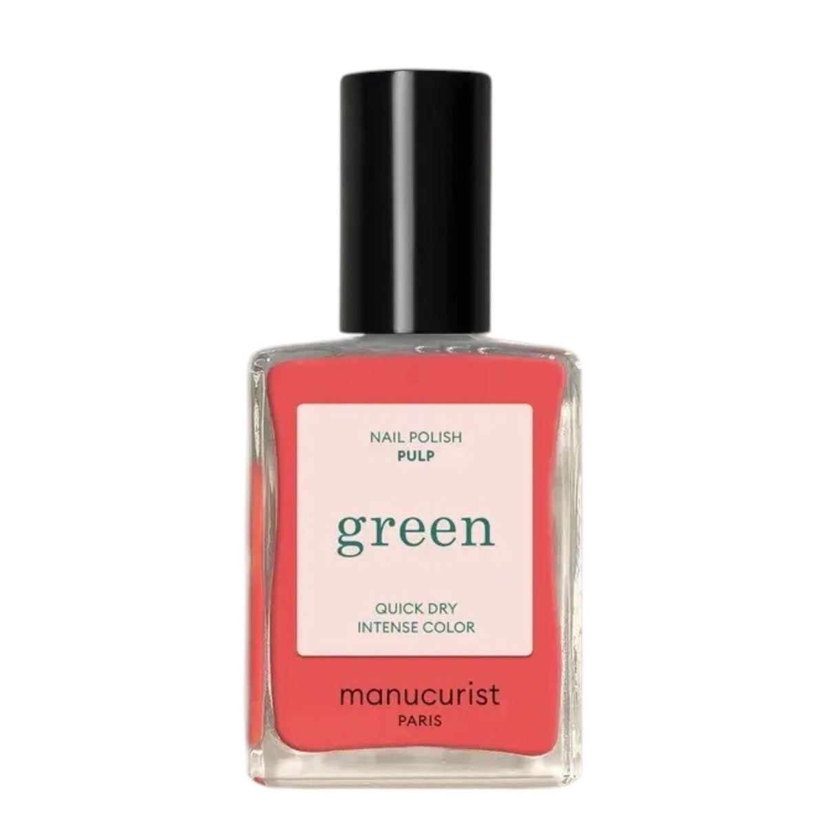 A bottle of MANUCURIST INC’s GREEN™ Nail Polish in the shade “Pulp,” showcasing a vibrant coral hue, with a sleek black cap and a label that reads “green quick dry intense color,” made using bio-sourced ingredients.