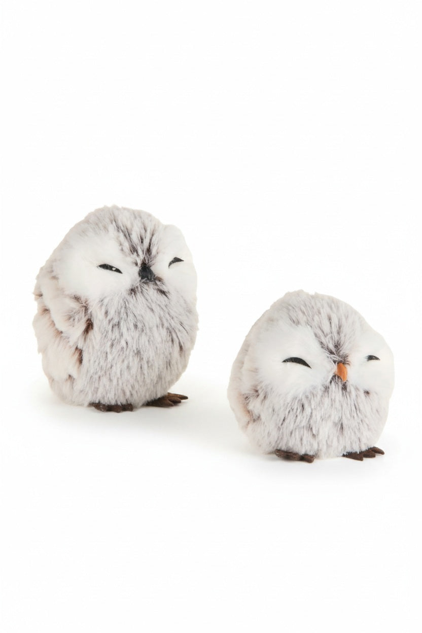 Two small, round, fluffy GRAY OWL ORNAMENTs in assorted styles, featuring gray-and-white plumage and closed eyes.