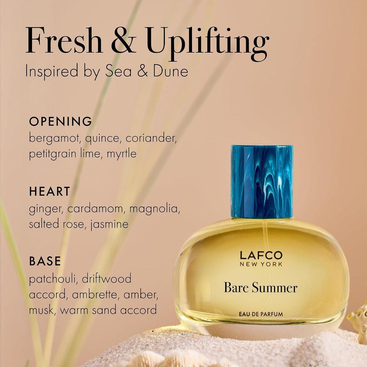 The LAFCO - FINE FRAGRANCE, BARE SUMMER 50ML perfume bottle, featuring a blue cap and displayed alongside delicate grasses, showcases its fresh and uplifting scent inspired by the sea and sand dunes. The text highlights opening, heart, and base fragrance notes that evoke the essence of summer. This vegan scent from LAFCO offers a clean, natural allure perfect for warm days.