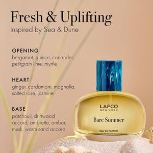 The LAFCO - FINE FRAGRANCE, BARE SUMMER 50ML perfume bottle, featuring a blue cap and displayed alongside delicate grasses, showcases its fresh and uplifting scent inspired by the sea and sand dunes. The text highlights opening, heart, and base fragrance notes that evoke the essence of summer. This vegan scent from LAFCO offers a clean, natural allure perfect for warm days.