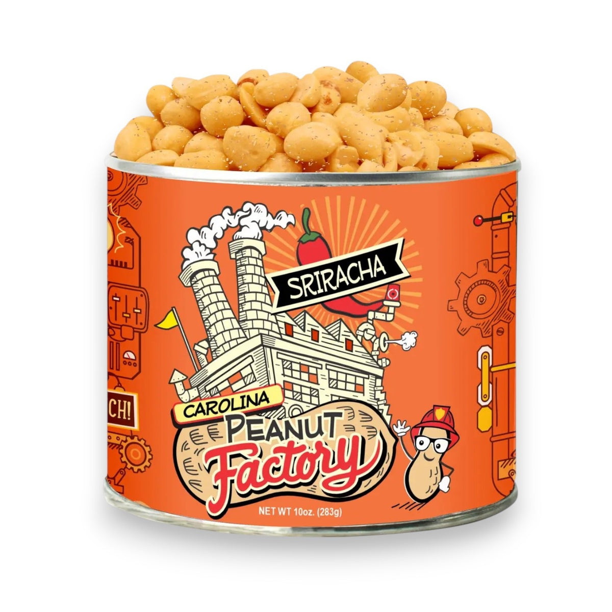 A can labeled “1949 Nut Company - Sriracha Peanuts” is filled with flavorful Sriracha peanuts. The orange label features a cartoon factory, gears, and a peanut character wearing a cap. Net weight is 10 oz.