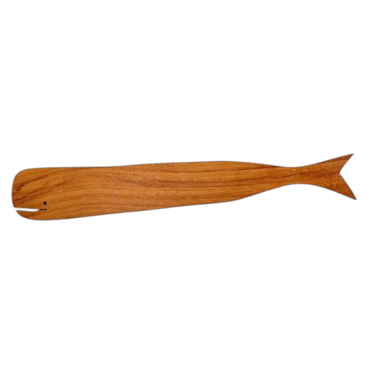 The BE HOME - TEAK WHALE SPREADERS by BE HOME, INC rest on a round white marble cutting board with a hole at the top, displayed on a wooden surface.