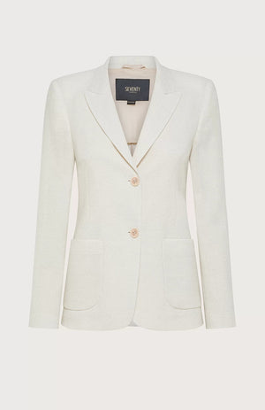 The SEVENTY VENEZIA single-breasted blazer from SEVENTY features a cream-colored fitted design with a notched lapel collar, two beige buttons at the front, and two front pockets. Made in Italy from textured lurex pique fabric, it includes a label inside the collar reading "Seventy.