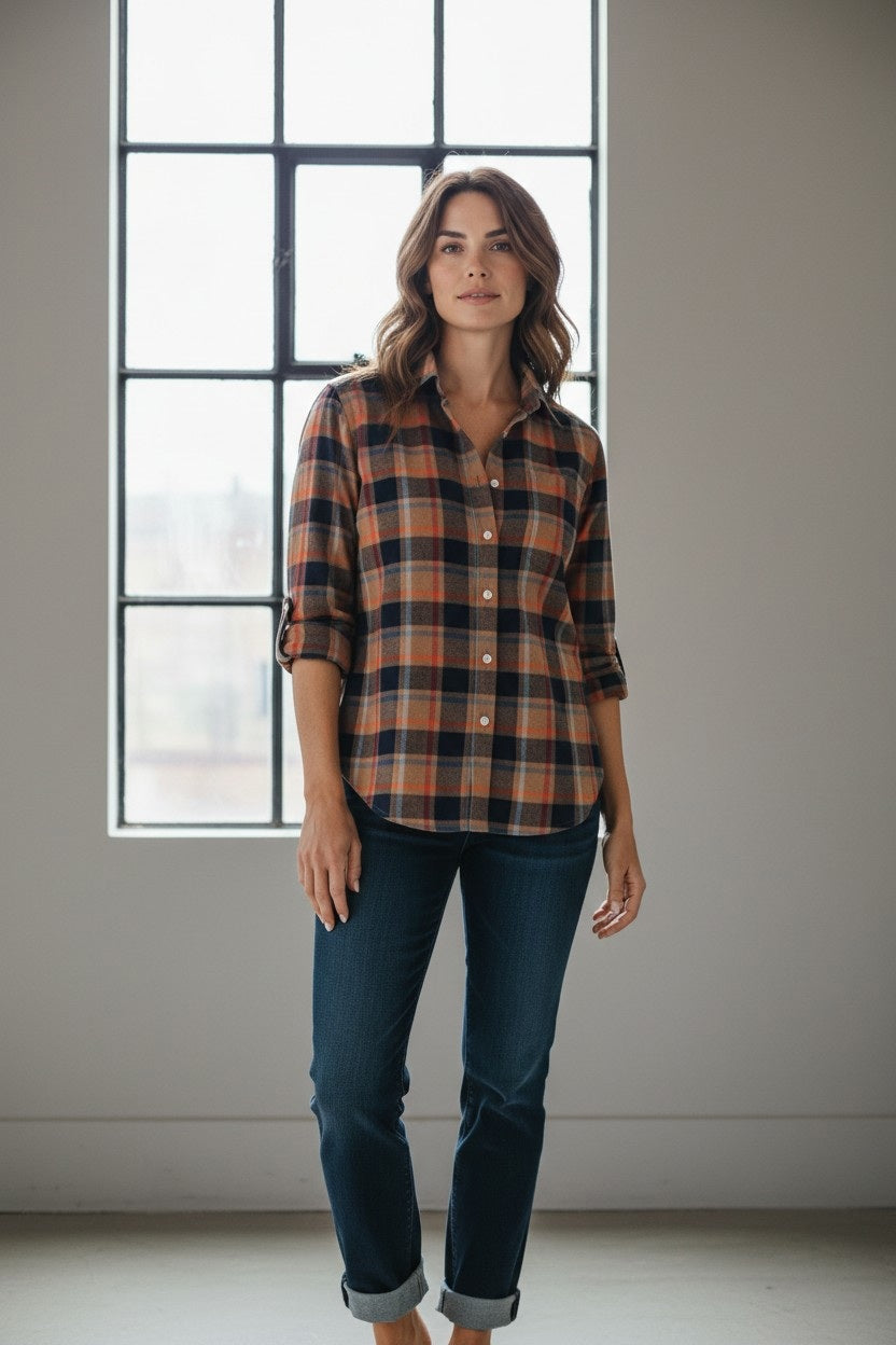 A woman stands indoors in front of a tall window, wearing the FRANK & EILEEN - EILEEN Relaxed Button Up Shirt in Italian Flannel with a gold, navy, and orange plaid. The lightweight flannel shirt features bust-flattering button placement and rolled sleeves, complementing her blue jeans, shoulder-length hair, and easygoing expression.