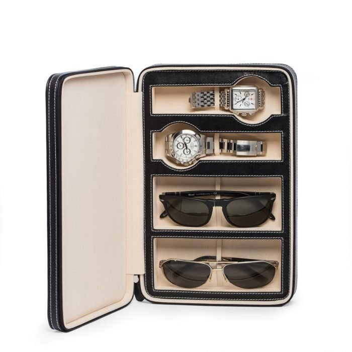 The BEYBERK INTERNATIONAL WATCH AND SUNGLASS TRAVEL CASE IN BLACK LEATHER features a beige interior, zipper closure, and compartments that neatly display two silver watches and two pairs of black sunglasses when open.