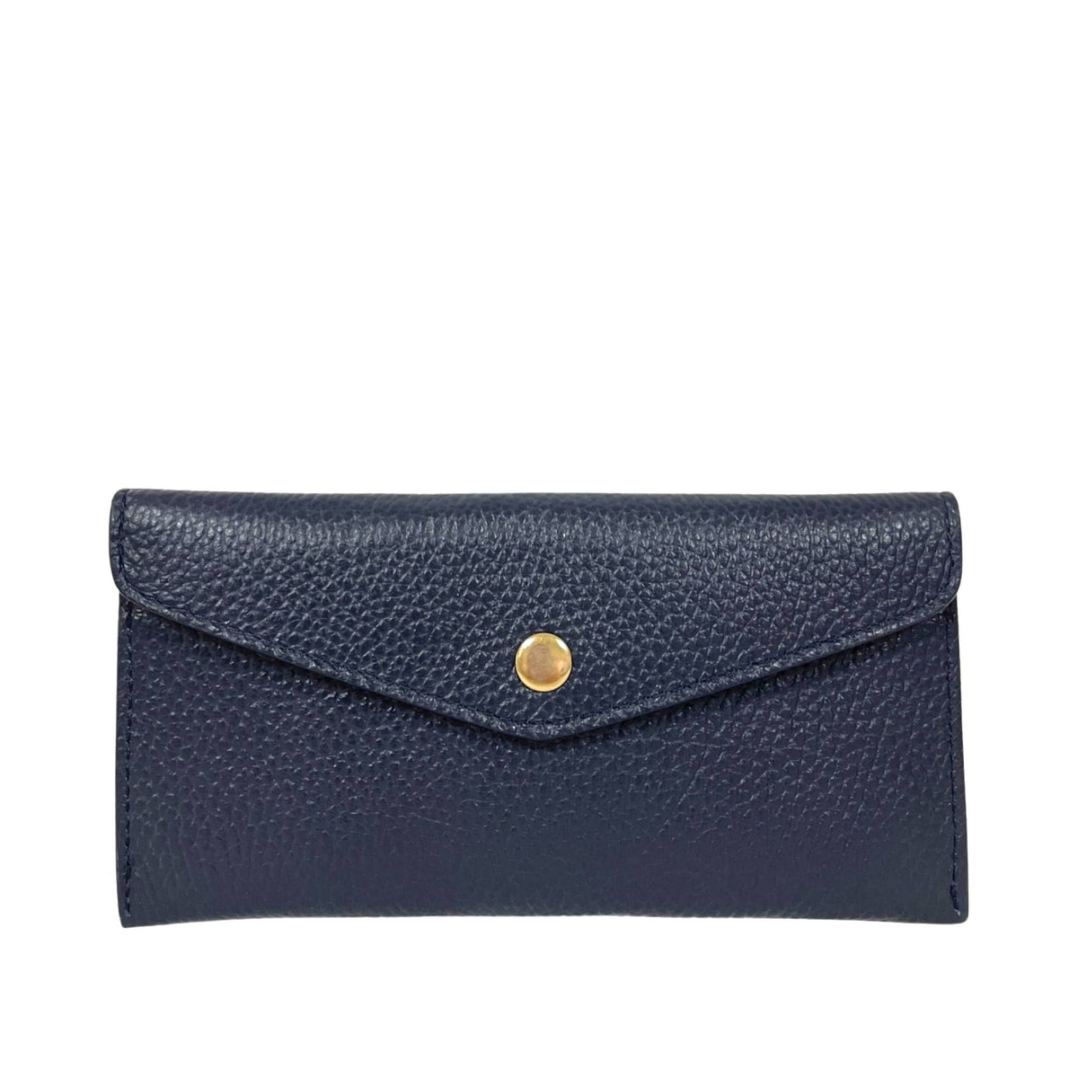 The LE BORSETTE LEATHER ENVELOPE STYLE WALLET features navy blue textured Italian leather and a gold snap button, shown against a plain white background.