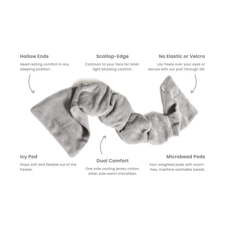 The NODPOD Weighted Sleep Eye Mask in Bone by NODPOD is a beige, segmented, plush mask with wider ends and a gently wavy, narrower middle section, shown laid flat on a white background—ideal for providing gentle pressure and soothing comfort as a weighted eye mask.