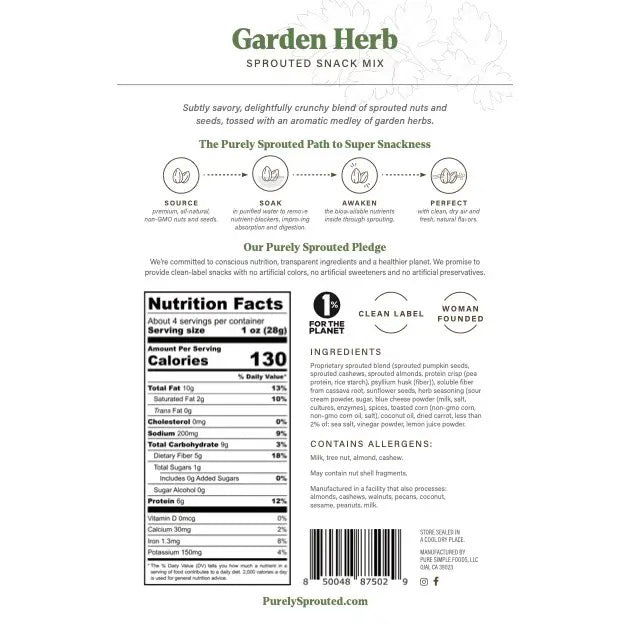 The image displays the front packaging of PURELY SPROUTED - GARDEN HERB SPROUTED SNACK MIX by PURELY SPROUTED, showcasing a blend of nutrient-dense sprouted nuts such as almonds and cashews, along with pumpkin seeds and toasted corn seasoned with buttermilk and herbs. This superfood mix is plant-based, gluten-free, and vegan.