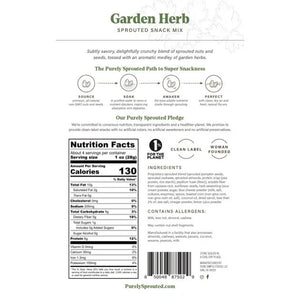 The image displays the front packaging of PURELY SPROUTED - GARDEN HERB SPROUTED SNACK MIX by PURELY SPROUTED, showcasing a blend of nutrient-dense sprouted nuts such as almonds and cashews, along with pumpkin seeds and toasted corn seasoned with buttermilk and herbs. This superfood mix is plant-based, gluten-free, and vegan.
