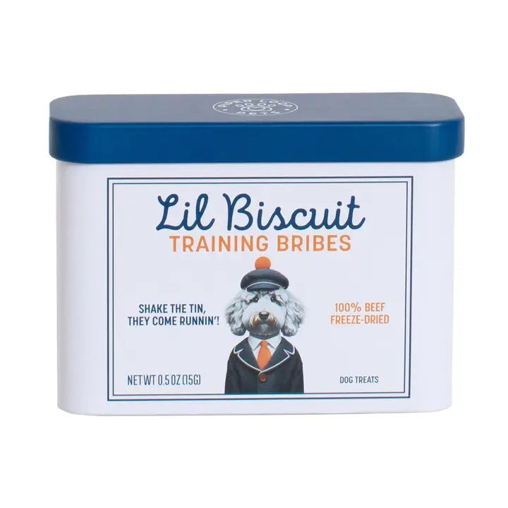 The rectangular PIPER LOOP PETS Lil Biscuit Training Bribes tin features a suited dog illustration and contains 100% freeze-dried beef treats—ideal as high-value bribes for recall or daily training with your pup.