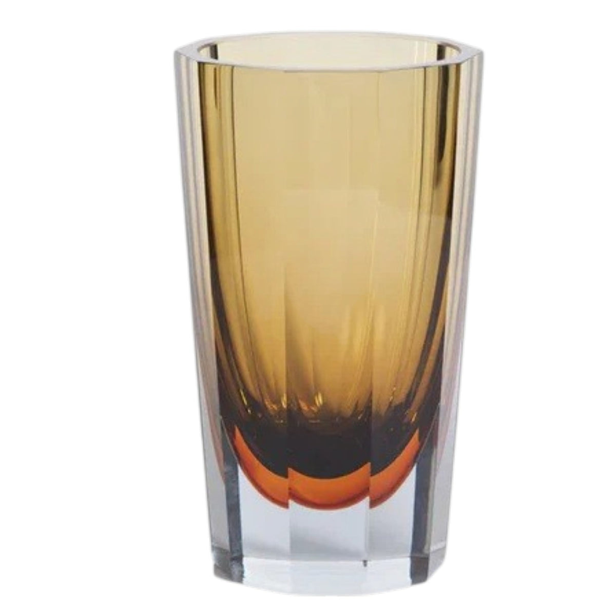 The CORVATSCH Amber and Smoke Tonal Glass Vase by ZODAX, measuring 8.25”, features elegant amber-brown gradients and a faceted design—perfect for enhancing your home decor or complementing modern vase arrangements on a light, textured surface with a neutral backdrop.