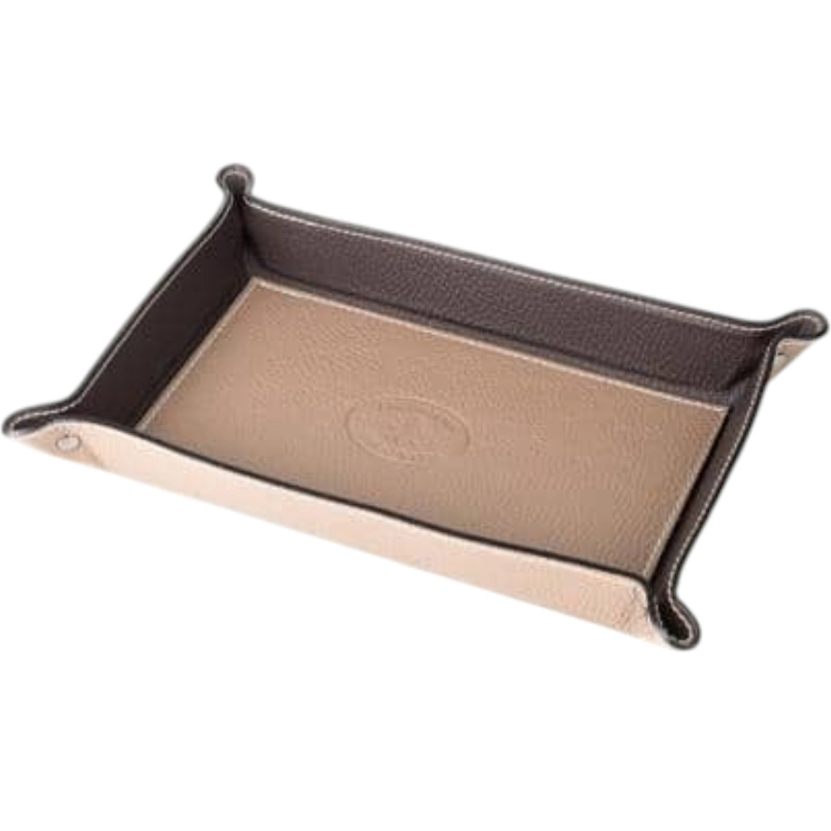 LE BORSETTE large rectangular hammered leather valet tray in dark taupe and light beige with snap-button corners, handmade in Italy.