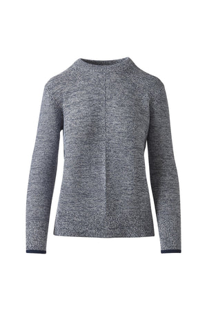 A woman with long, light brown hair wears the KINROSS MARLED MICRO GARTER CREW NECK COTTON SWEATER in navy and white pants, standing facing forward against a plain white background with a neutral expression.