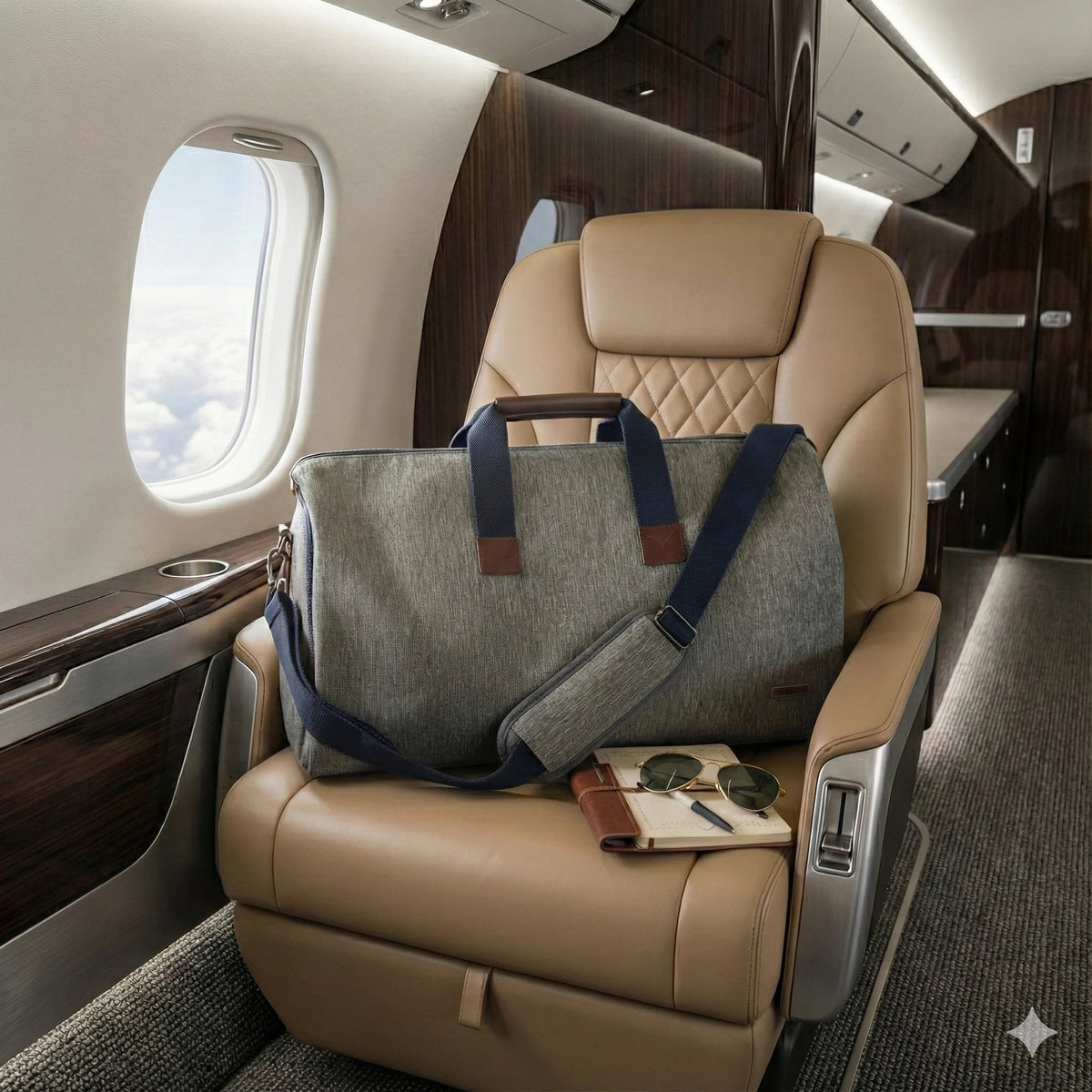 The COLLARS AND CO - GARMENT DUFFEL BAG by COLLARS AND CO rests on a tan leather seat in a private jet, alongside a passport, sunglasses, and notebook—your ideal organizer for effortless travel.