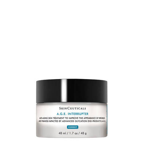 A white jar with a black lid labeled &quot;SKINCEITUCALS - A.G.E INTERRUPTER&quot; contains an anti-wrinkle cream designed to combat aging signs, improving the appearance of wrinkles and firmness. The net weight is 48 ml (1.7 oz).