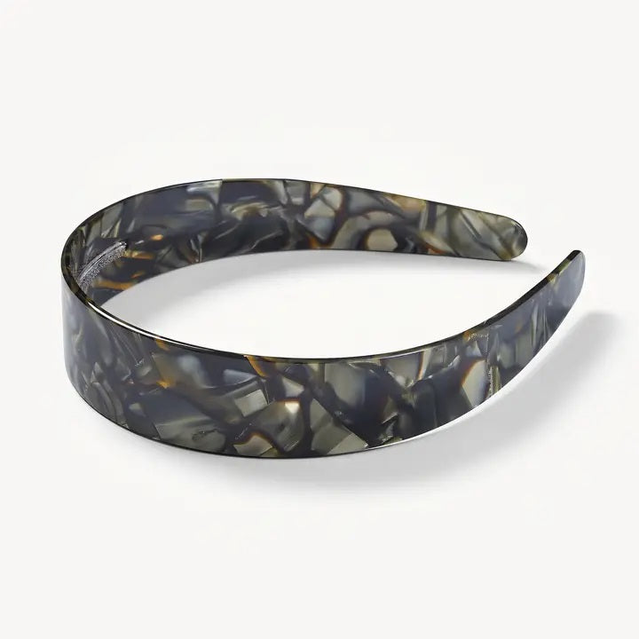 The MACHETE - Wide Headband in Midnight Horn features a glossy, black and gray marbled Italian acetate design and is displayed on a white background.