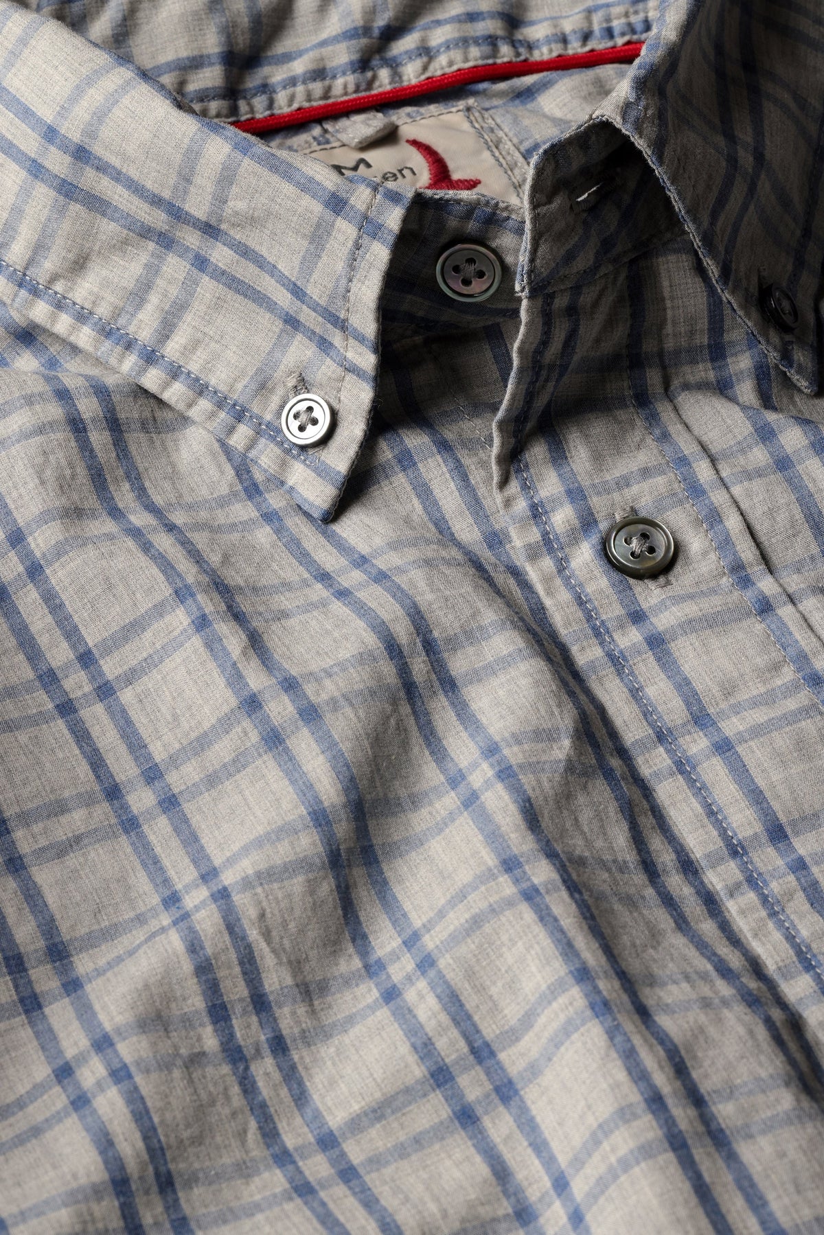 RELWEN Dress Blues Shirt in light grey with a blue grid pattern, long-sleeve button-up style, displayed flat on a white background.