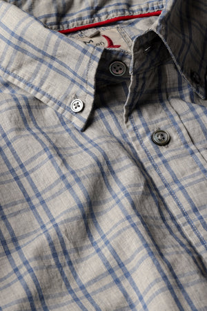 RELWEN Dress Blues Shirt in light grey with a blue grid pattern, long-sleeve button-up style, displayed flat on a white background.