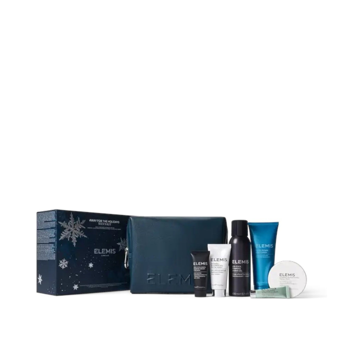 The ELEMIS - AWAY FOR THE HOLIDAYS MENS SKINCARE COLLECTION KIT by ELEMIS - STEINER features travel-sized men’s skincare essentials in front of a snowflake-themed dark blue box, ideal as a compact grooming kit.