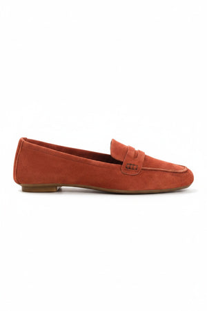 Top view of the REQINS - HEMA Suede Loafer in Briques, featuring a penny strap and visible stitching, highlighting the refined design of women’s loafers by REQINS against a plain white background.