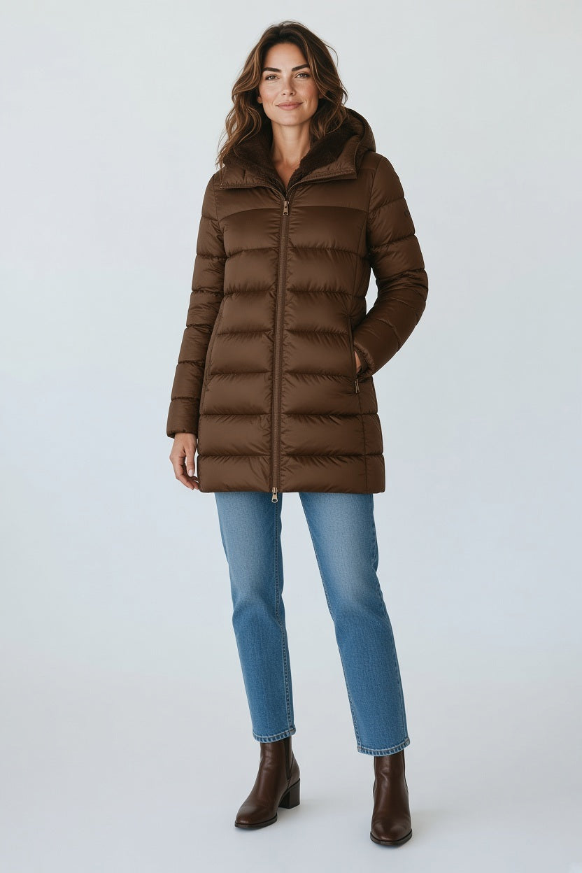 A woman wearing a knee-length, brown SAVE THE DUCK - MATILDA PUFFER COAT IN NOISETTE BROWN with recycled padding, blue jeans, and brown ankle boots.