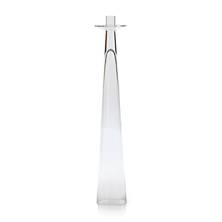 The ZODAX AMIN GLASS CANDLEHOLDER LARGE is a tall, slender clear glass candle holder with a narrow top and widening base, measuring 3.75 in x 19.75 in (9.53 cm x 50.17 cm), shown upright against a white background.