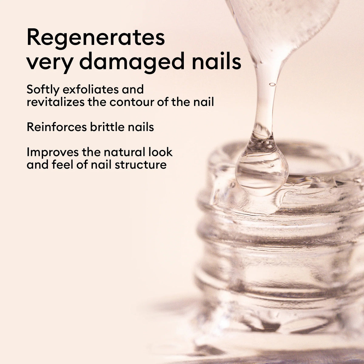 A close-up of the MANUCURIST - S.O.S. NAIL STRENGTHENER BASE COAT by MANUCURIST INC being applied, with text highlighting AHA for exfoliation, Vitamin C for protection, Vitamin B5 for hydration, and Hexanol for repair. Soft pink leaf background.