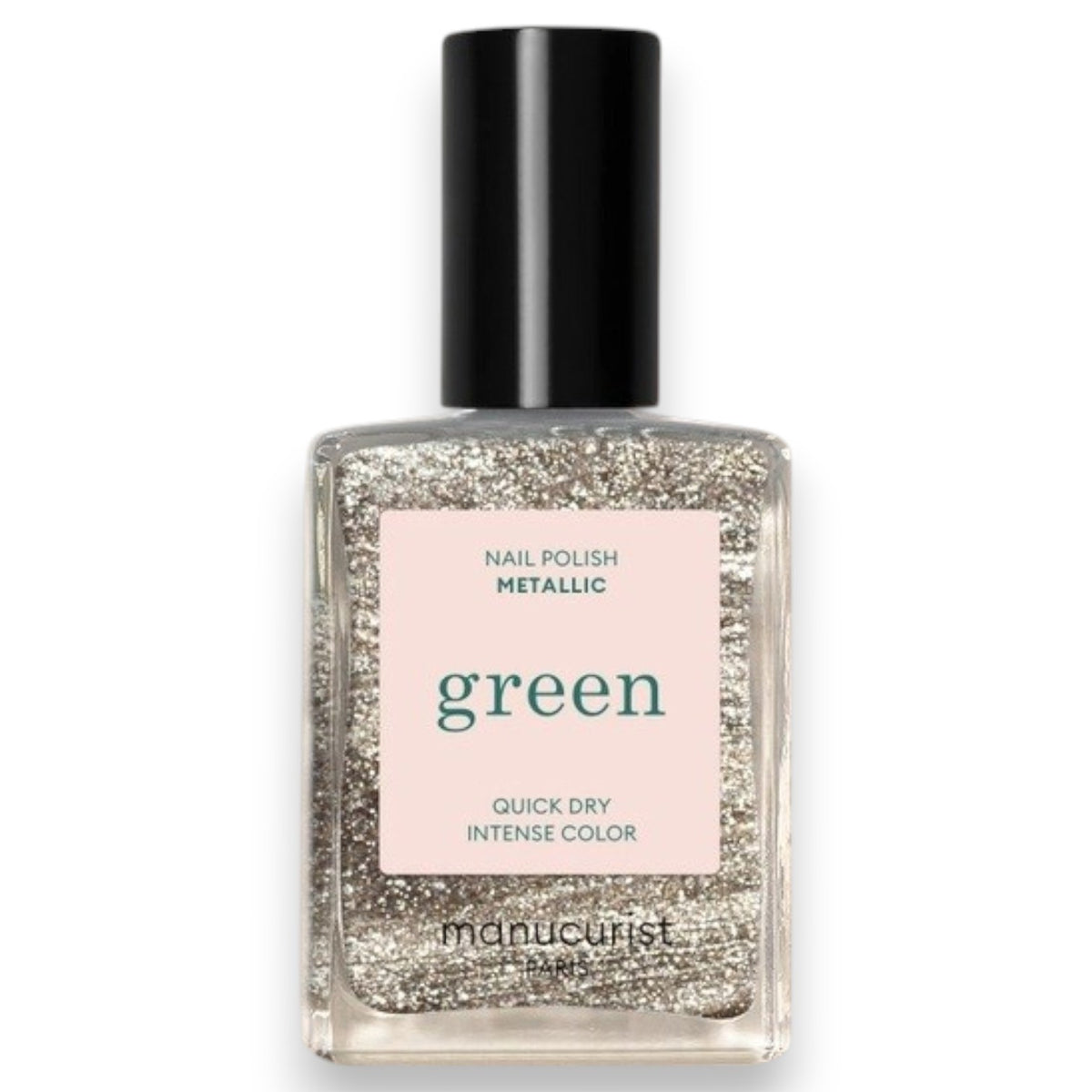 Discover nine vegan nail polish swatches from MANUCURIST INC, including the GREEN™ NAIL POLISH IN METALLIC, along with shades like Mermaid, Nebula, Disco, Moon, Diamant, Quartz, Fairy, Tweed, and Pearlescent. Each features shimmery or pearly finishes in a range of vibrant colors. These non-toxic polishes include striking iridescent gold effects for a glamorous manicure.