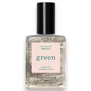 Discover nine vegan nail polish swatches from MANUCURIST INC, including the GREEN™ NAIL POLISH IN METALLIC, along with shades like Mermaid, Nebula, Disco, Moon, Diamant, Quartz, Fairy, Tweed, and Pearlescent. Each features shimmery or pearly finishes in a range of vibrant colors. These non-toxic polishes include striking iridescent gold effects for a glamorous manicure.