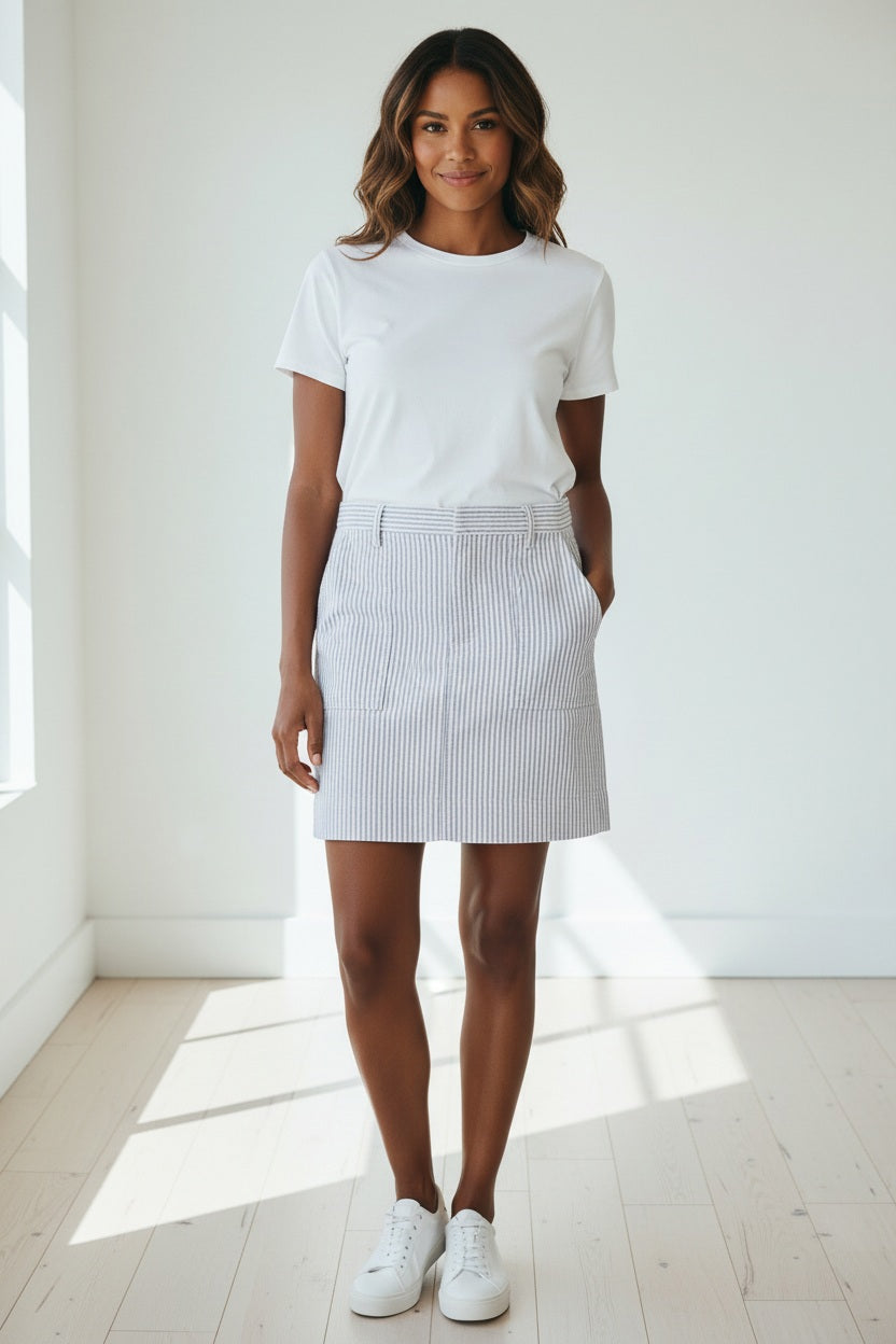 A woman stands outdoors in front of a hedge, barefoot on the grass, wearing a sleeveless white top paired with the FRANK &amp; EILEEN Jameson Skirt in Navy and White Stripe, its utility pockets holding her hands casually.