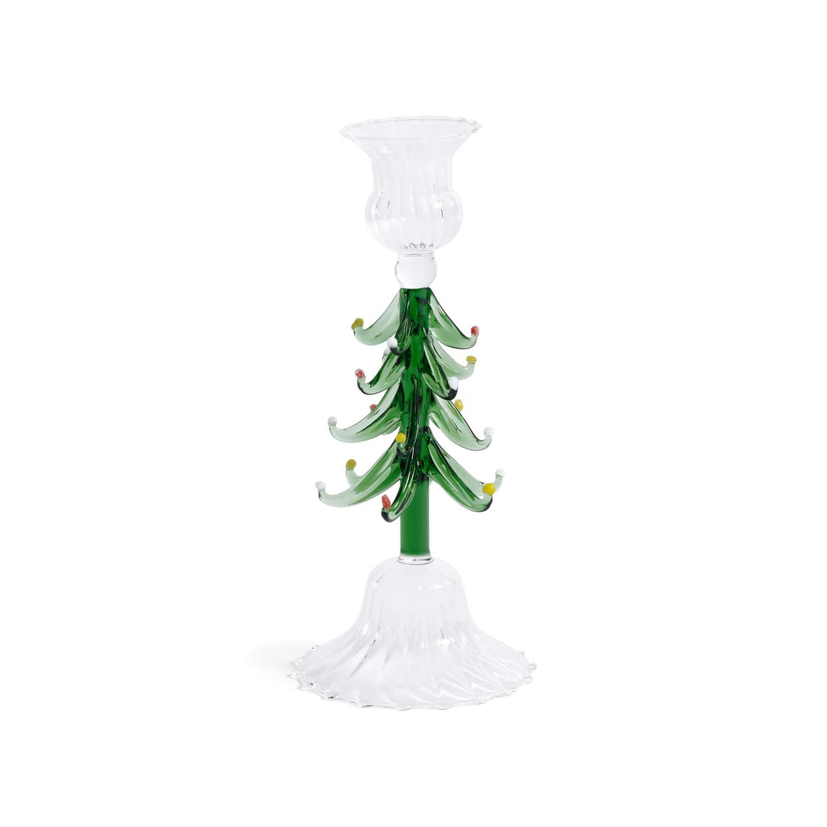 The ZODAX HOLIDAY TREE GLASS TAPER HOLDER is a clear glass candlestick shaped like a pine tree, featuring green branches, colorful ornaments, and a flared textured base. Dimensions: 3.25 in x 8.25 in.
