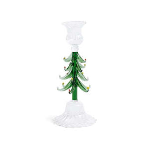 The ZODAX HOLIDAY TREE GLASS TAPER HOLDER is a clear glass candlestick shaped like a pine tree, featuring green branches, colorful ornaments, and a flared textured base. Dimensions: 3.25 in x 8.25 in.