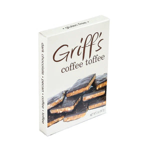A 2oz box of GRIFF'S TOFFEE - COFFEE by GRIFFS TOFFEE, with gluten free packaging and flavor notes of dark chocolate, pecan, coffee, and toffee. Chocolate-covered coffee toffee pieces are featured on the front.