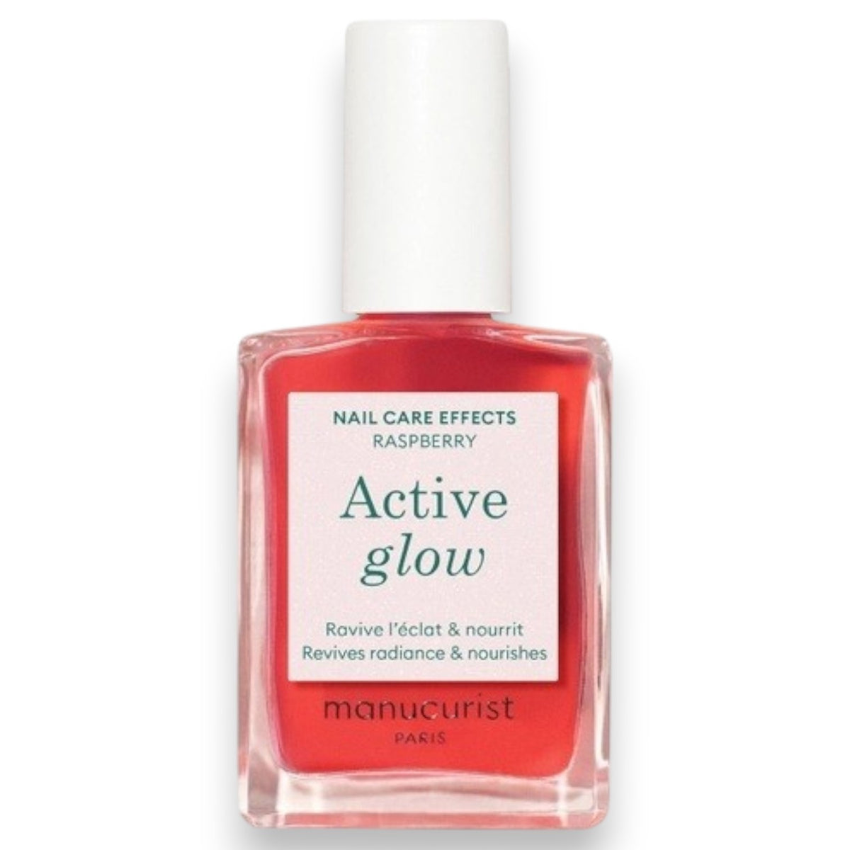 A pink serum drop labeled with its ingredients: raspberry extract (strengthens nails), AHAs (restore and harden), and sweet almond oil (nourishes). The text highlights that MANUCURIST - ACTIVE GLOW CARE POLISH by MANUCURIST INC is 85.5% plant-based—making it the ideal nail strengthener for achieving healthy, glass-like nails.