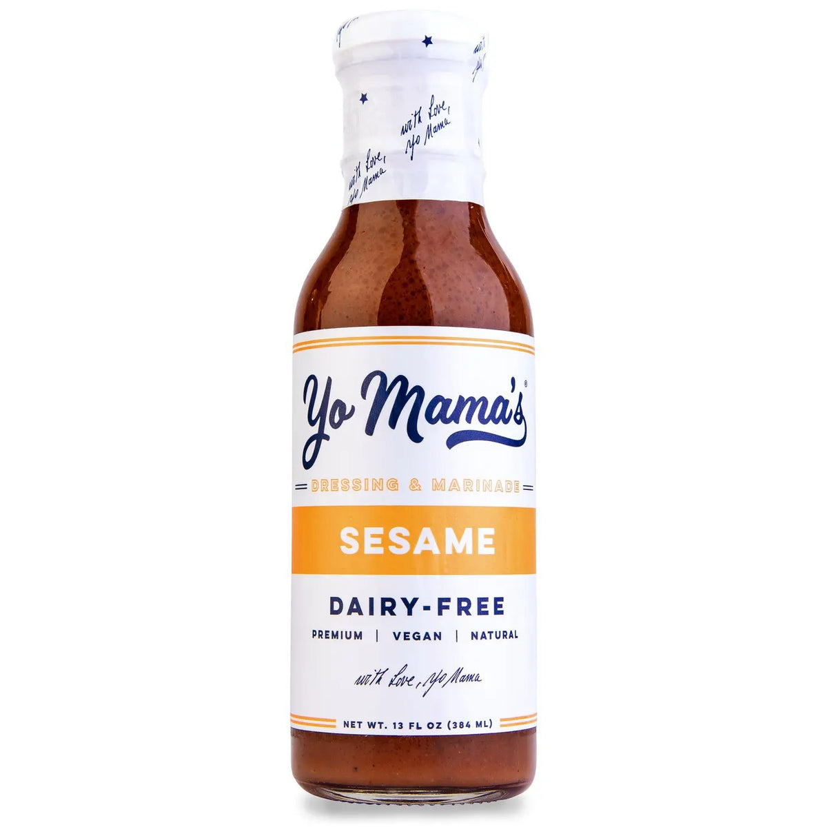 A 13 fl oz (384 mL) bottle of YO MAMA’S - ASIAN SESAME from YO MAMA’S FOODS. The label highlights that it is dairy-free, vegan, premium, and natural, with no sugar added and low carb benefits. The bottle is topped with a white cap and features orange and blue accents.