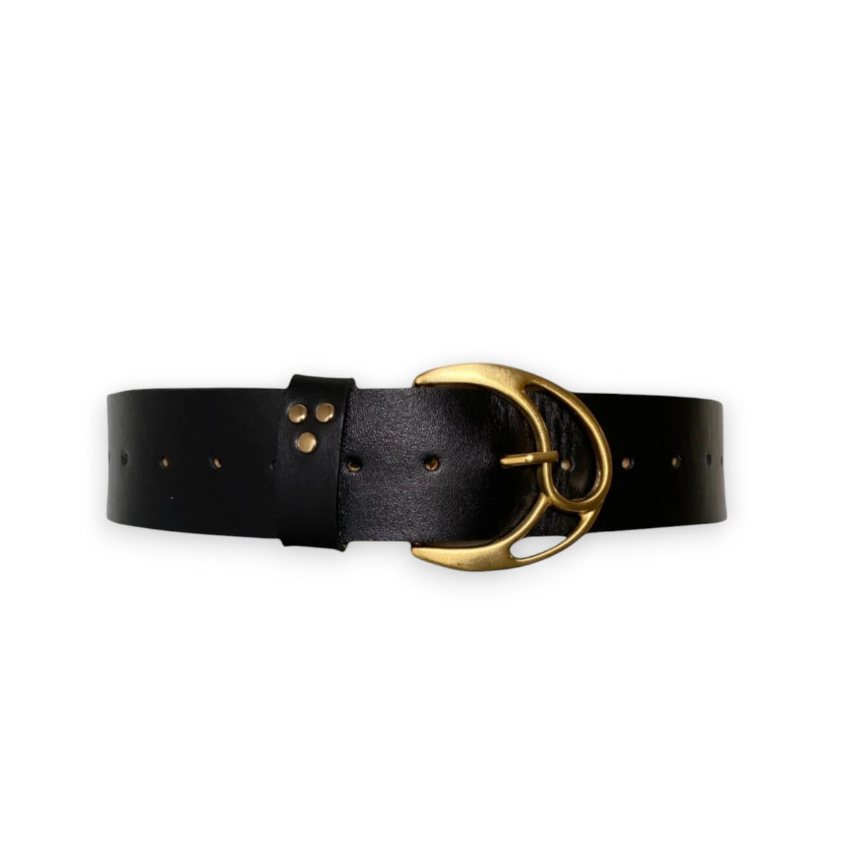 The MONARK BELT by ADA is a brown leather belt with a modern touch, featuring a brass buckle and three gold studs near the loop, stylishly displayed on a white background.