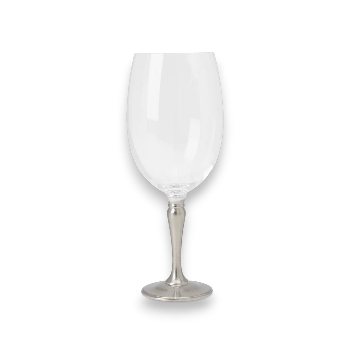 The MATCH - CLASSIC LARGE ALL PURPOSE WINE GLASS by MATCH features a clear, wide-bowled cup crafted from lead-free European crystal with a metallic silver Italian pewter stem and base, shown isolated on a white background.
