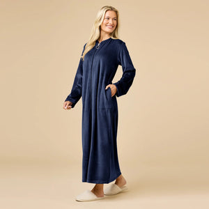 A long-sleeved, beige SOFTIES - SERENITY SHEAR MINK ZIP ROBE featuring a full-length zipper, round neckline, and two side pockets.