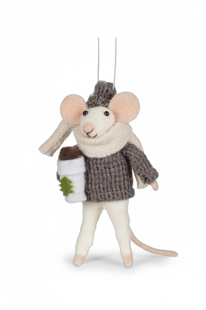 MOUSE WITH COFFEE ORNAMENT by ABBOTT featuring a felted mouse in a grey sweater, hat, and scarf holding a coffee cup with a green Christmas tree design.