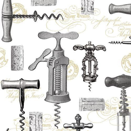 The CORKSCREW BEVERAGE NAPKINS by PAPER PRODUCTS DESIGN feature illustrations of vintage corkscrews and bottle openers on a white background. Made on 3-ply paper, these elegant napkins add charm to any table setting and appeal to enthusiasts. Beautifully crafted in Germany.